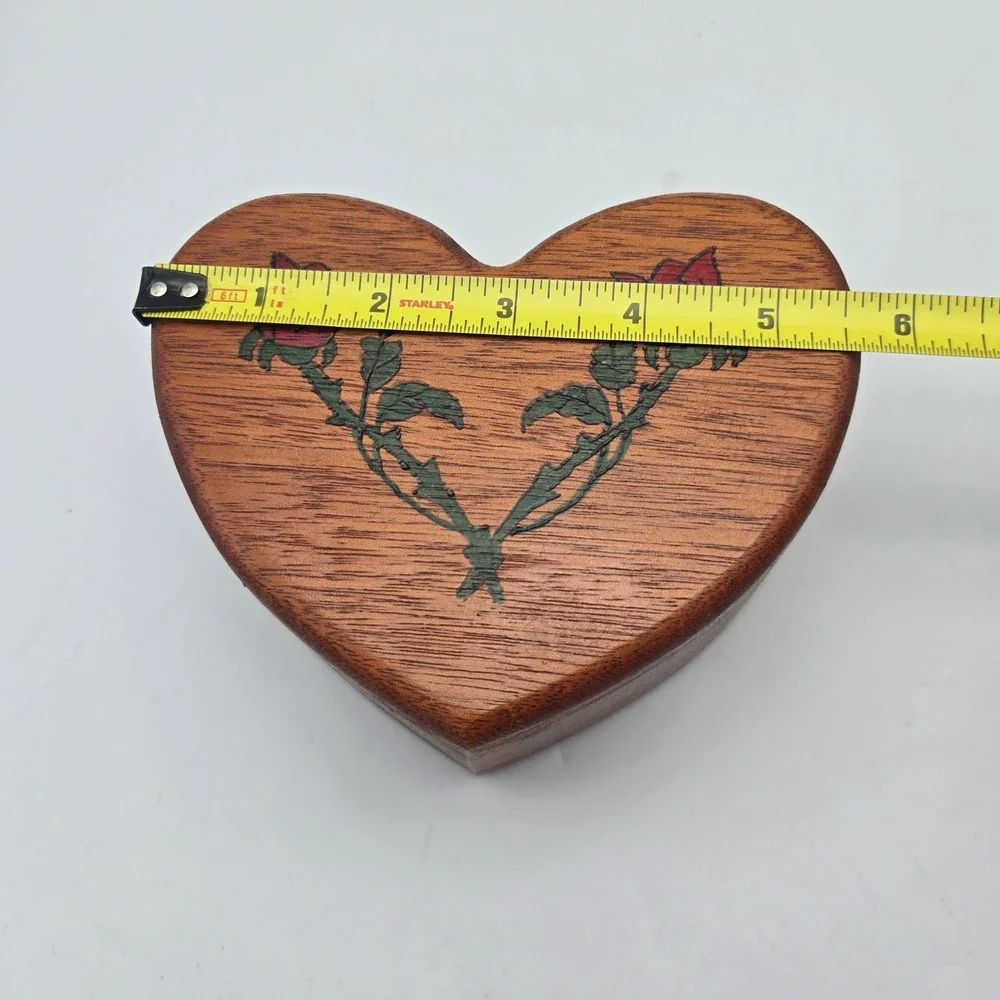 Vintage Handmade Heart Shaped Wood Trinket Box Rose Details Felt Lined Cottage